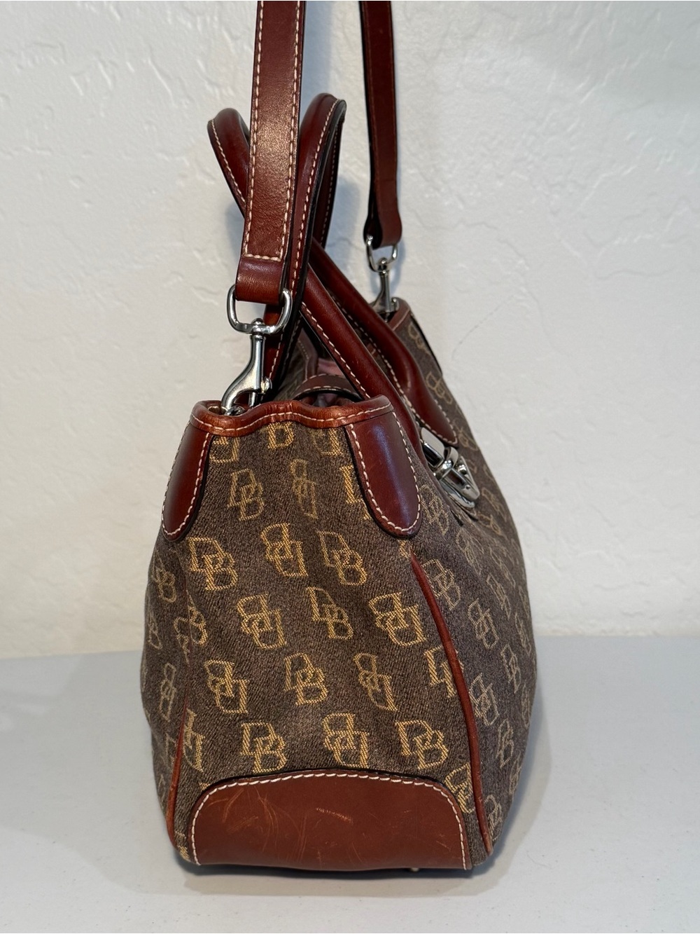 Vintage Dooney & Bourke Signature DB Monogram Satchel Bag - Brown & Oxblood - Picture 4 of 13